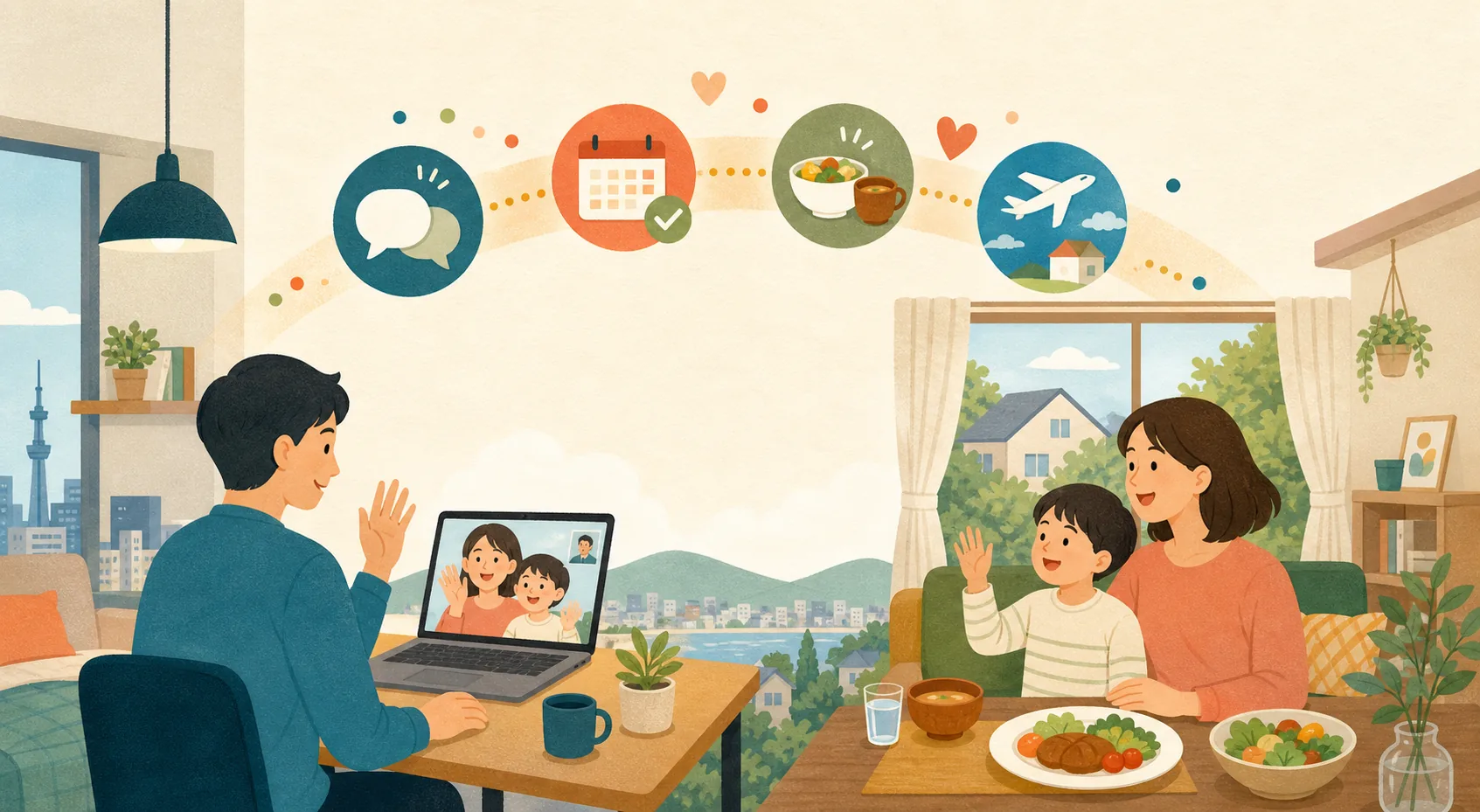 離れて暮らす家族がビデオ通話や帰省予定、食事の共有でつながる様子
